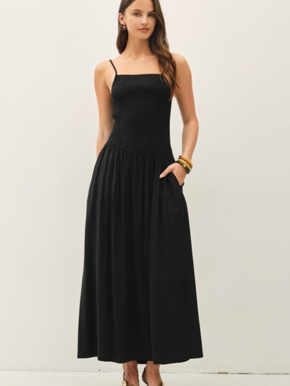 Dropped Waist Smocked Maxi Dress Black